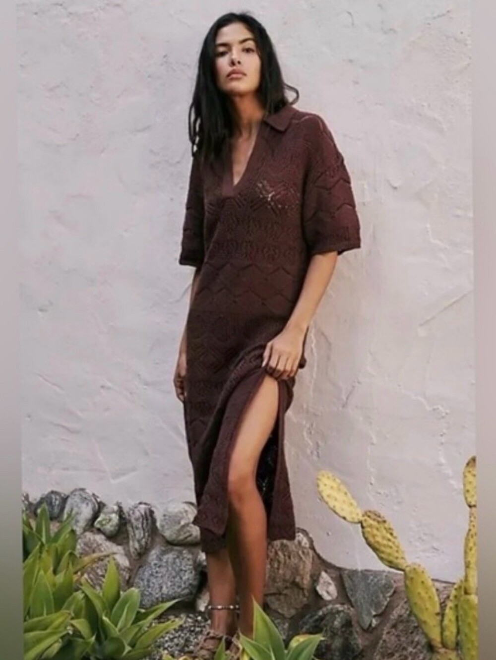 Free People Islamorada Fauxchet Sweater Maxi Dress 100% Cotton Brown Sz M